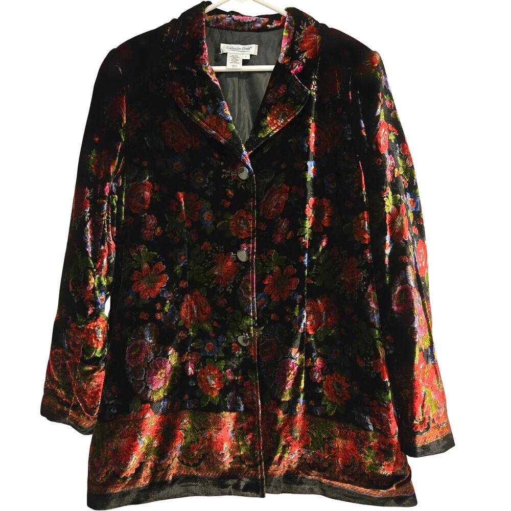 Coldwater Creek Black Floral Print Velvet Button Front Blazer Jacket, Size Large - Picture 2 of 9